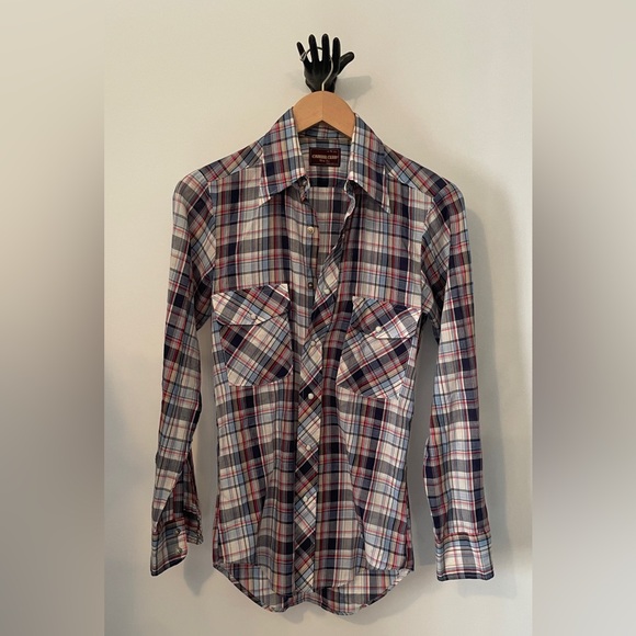 S Vintage Plaid snap shirt.  Slim fit. Thin blue white red beige Grunge 90’s - Picture 1 of 10